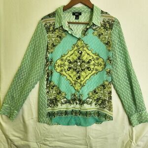 BCX Womens Teal Green Baroque Geometric Scarf Print Roll Tab Blouse Medium